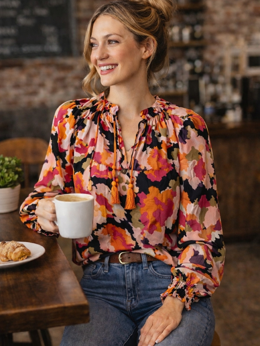 THML Floral Tassel Tie Neck Blouse Boho Lightweight Top Medium